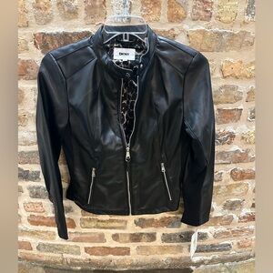 DKNY Women's Black Faux Leather Moto Jacket with Snap Collar /Zipper Details